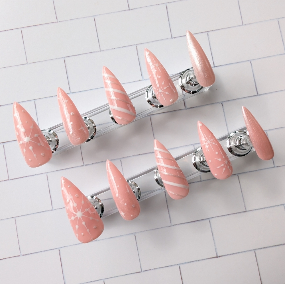 Handcrafted Christmas Pink And White Stiletto Press-On Nails Handmade